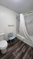Combined shower/tub, hydromassage showerhead, hair dryer, towels