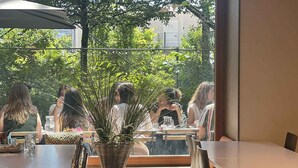 Un espacio de comedor al aire libre con mesas y sillas, una planta grande en maceta y vistas a una calle arbolada.