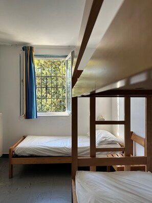 Un dormitorio con dos literas, una ventana con barrotes y un radiador.