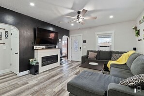 Smart TV, fireplace, DVD player, foosball