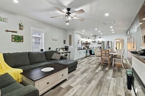 Smart TV, fireplace, DVD player, foosball