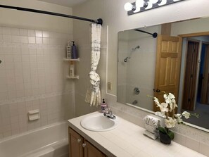 Shower, hair dryer, towels, shampoo