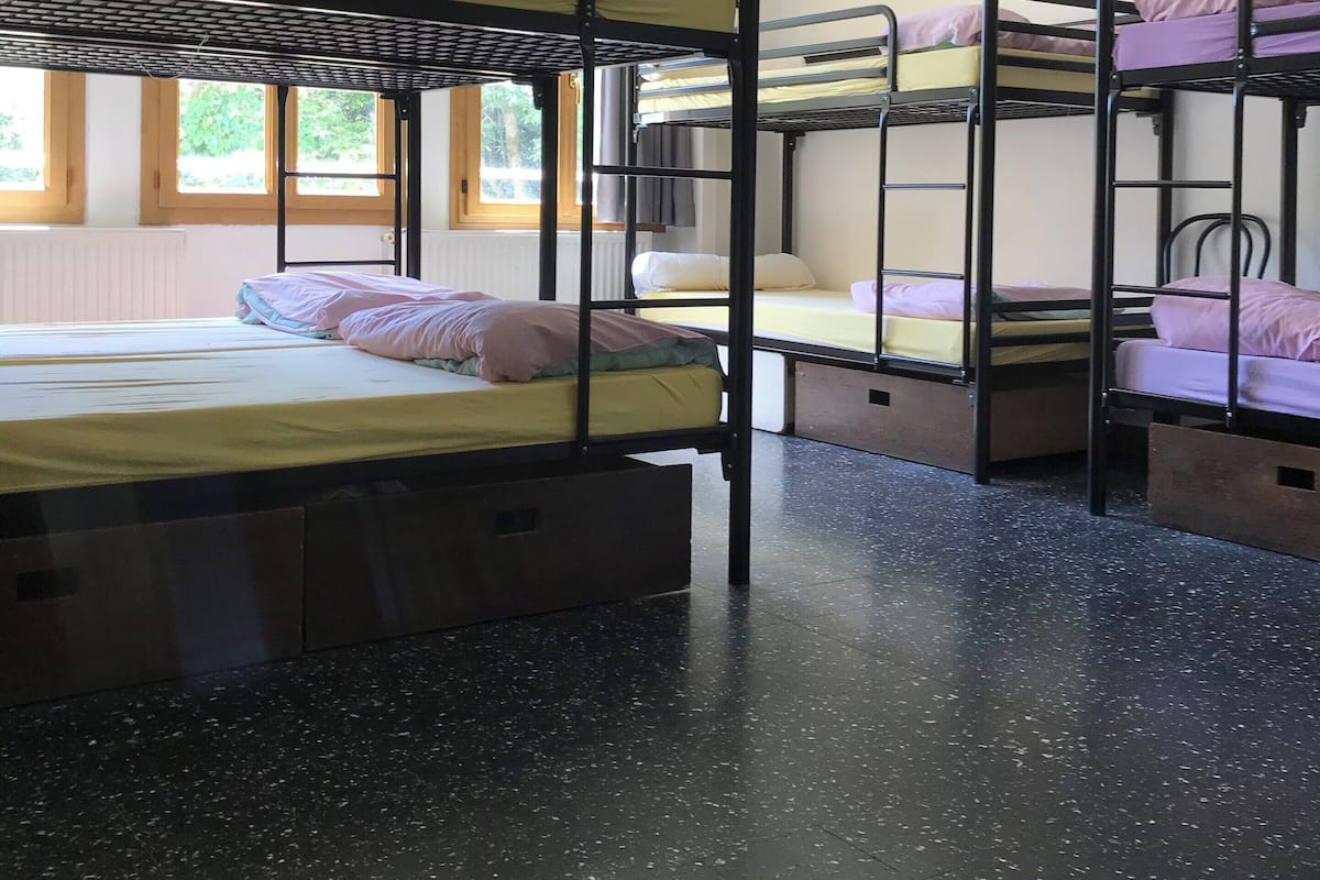 Ein Schlafsaalzimmer mit Etagenbetten, einem fenster mit Vorhängen und einer Deckenleuchte.