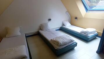 A room with two beds, a skylight, and a small window.