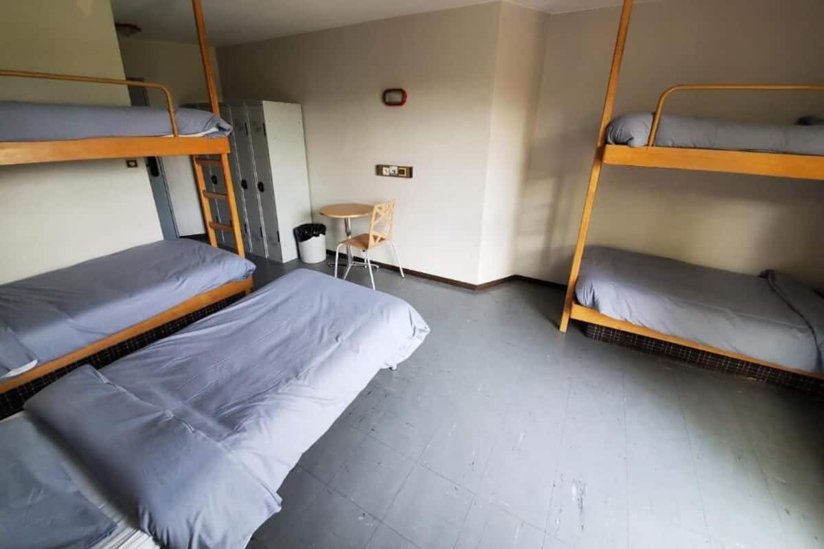 A dormitory room with bunk beds, a small table, and a chair.
