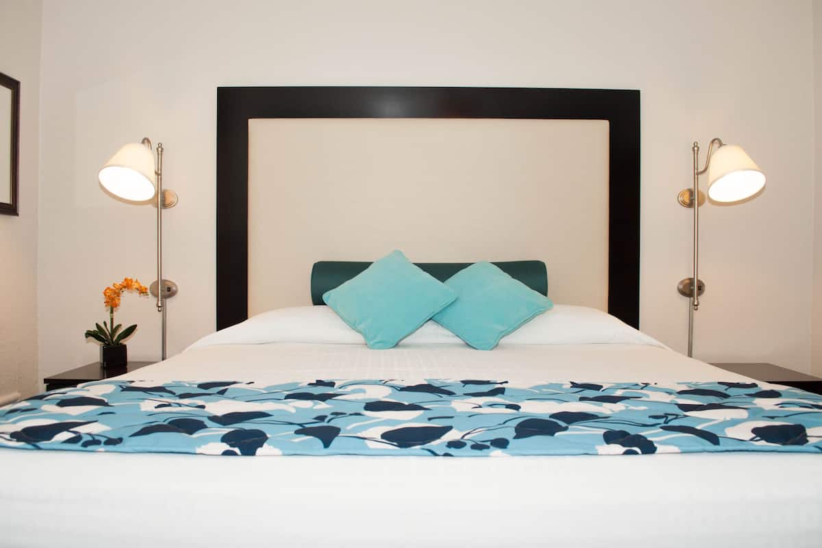 A hotel room with a large bed, two pillows, a nightstand with a lamp, and a small plant.