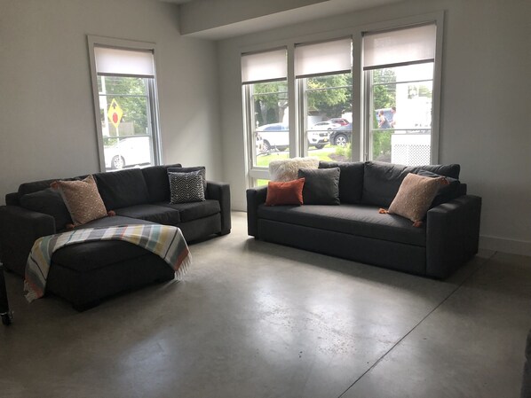 A spacious living room with two dark grey sofas, each adorned with patterned and solid-colored cushions. Large windows provide ample natural light and a view of the outside. - Rehoboth Beach Modern New Build with Elevator (Rehoboth Beach)