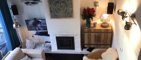 Téléviseur, foyer, lecteur de DVD, livres