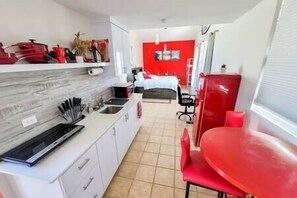 Fridge, microwave, coffee/tea maker, toaster