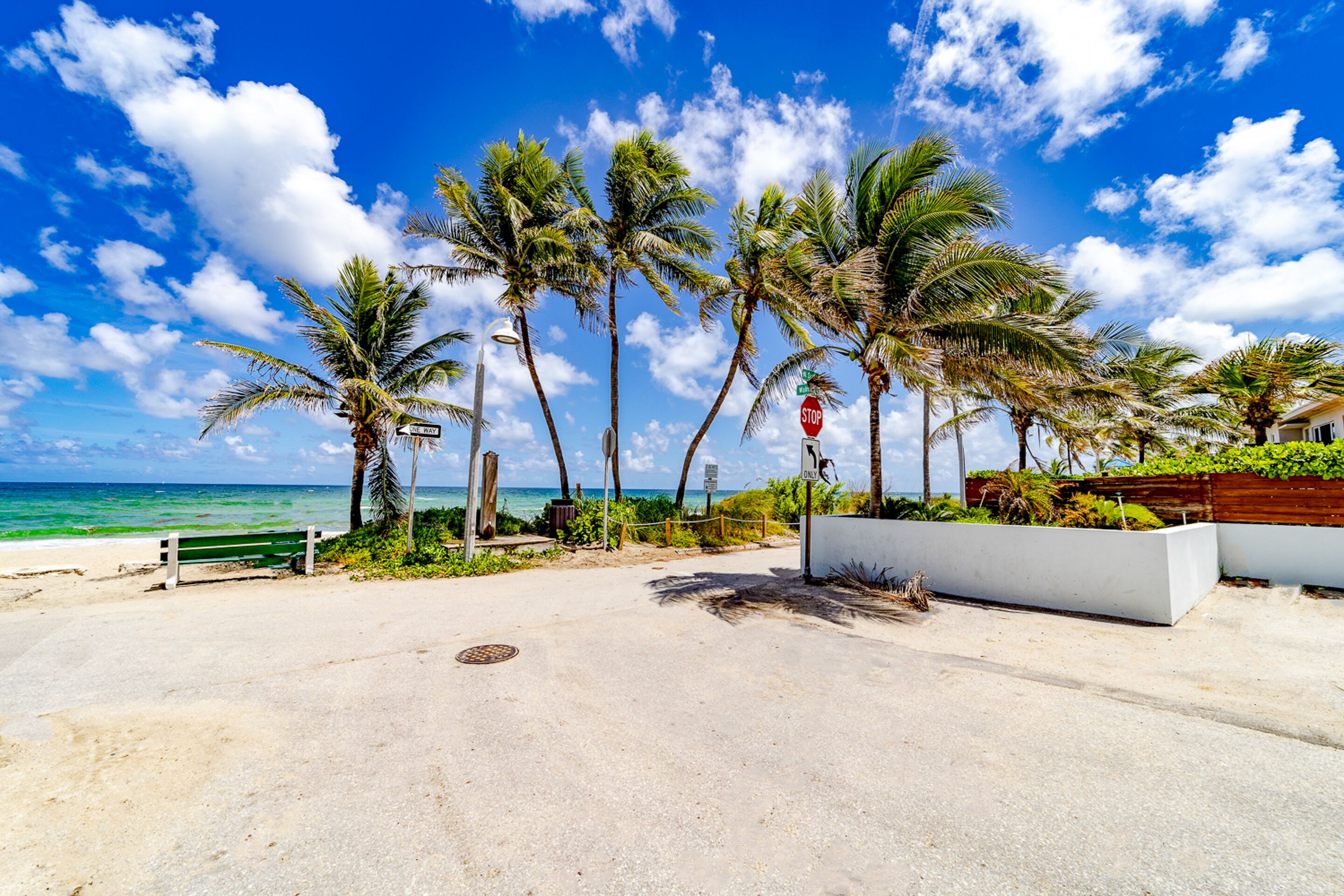 Une plage avec des palmiers, un panneau de signalisation et un banc.