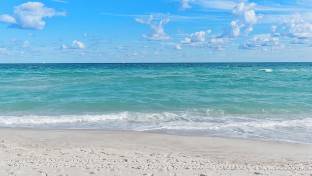 Une plage à l’eau turquoise et limpide, un rivage sablonneux et quelques nuages dans le ciel.