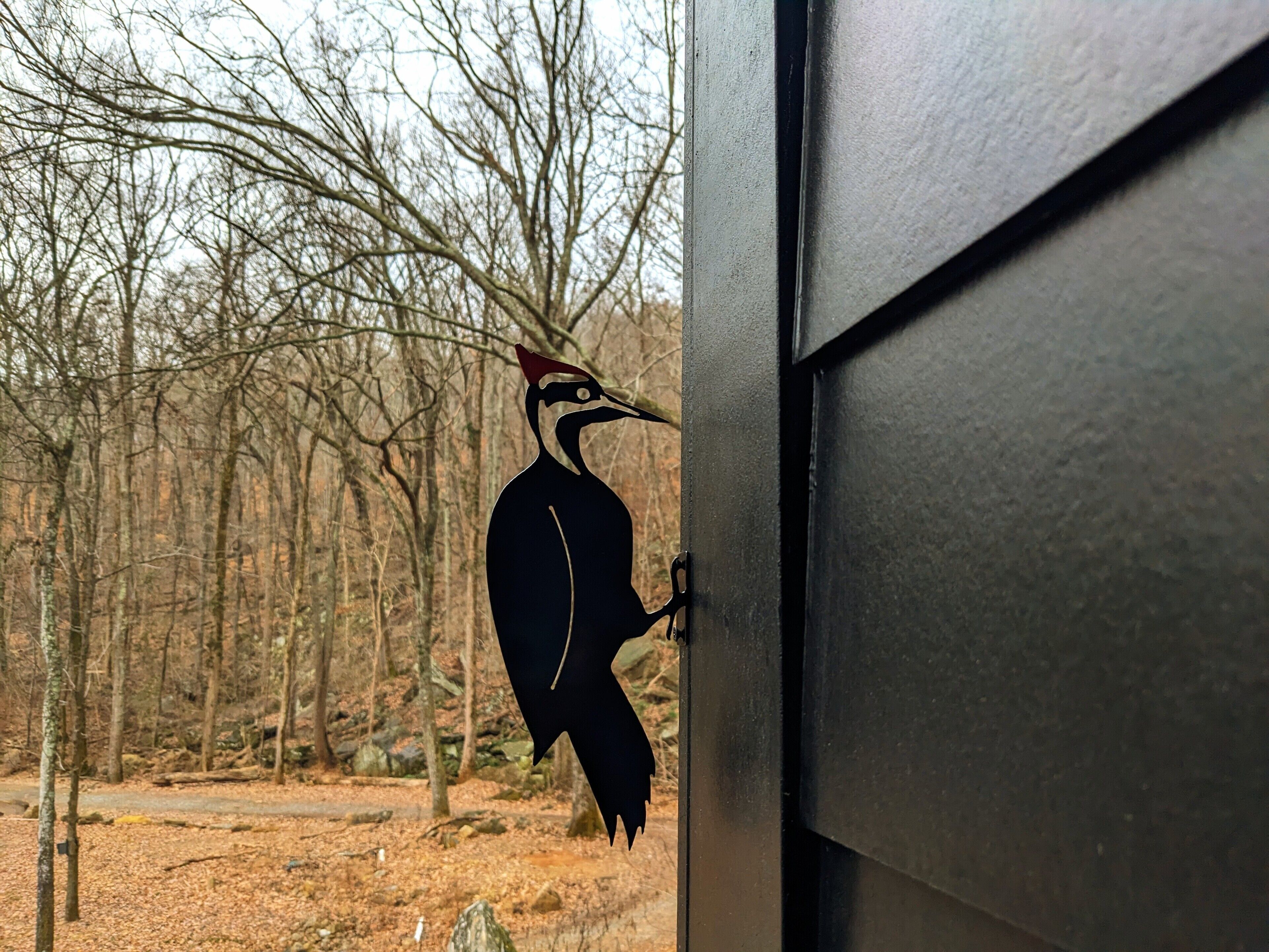 La silhouette d’un oiseau sur une porte, avec une forêt en arrière-plan.