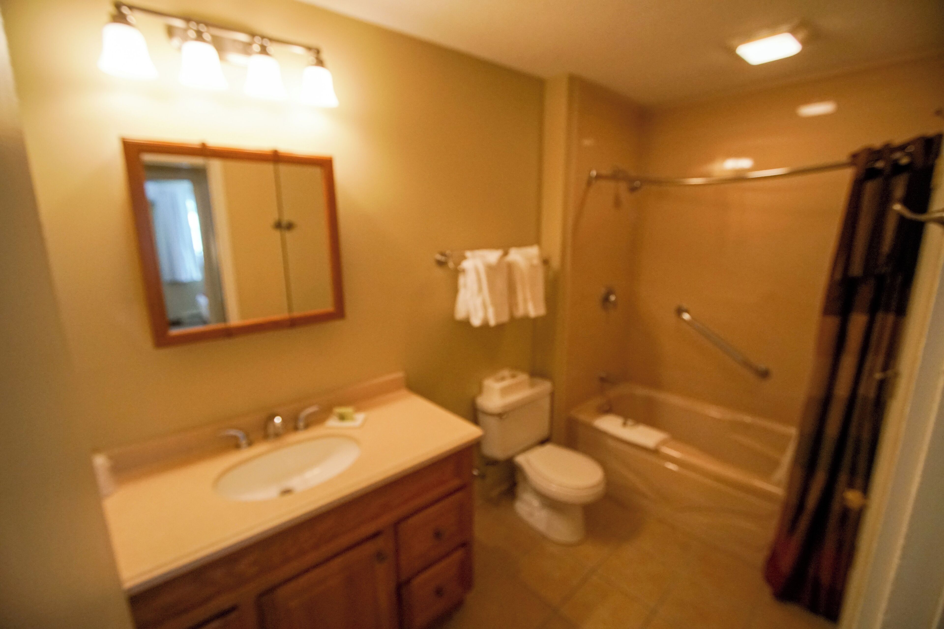 Une salle de bain équipée d’un lavabo, d’un miroir, de toilettes et d’une douche.