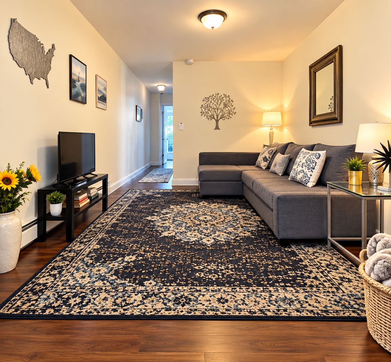 A living room with a sectional sofa, a flat-screen TV, a decorative rug, and wall art including a map and a tree.