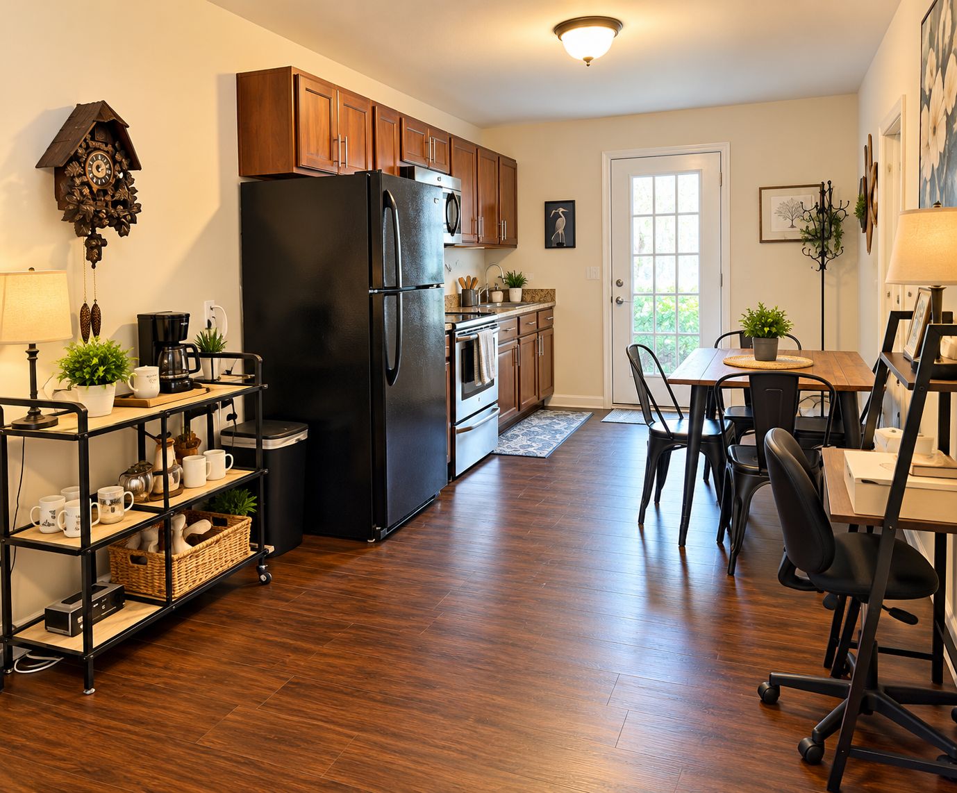 A compact kitchen with a black refrigerator, wooden cabinets, a dining table with chairs, and a coffee machine.