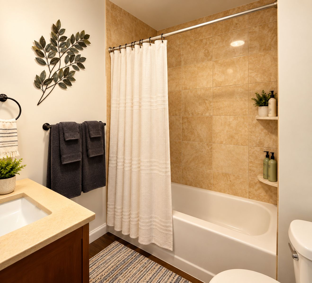 A bathroom with a bathtub, toilet, and a shower curtain.