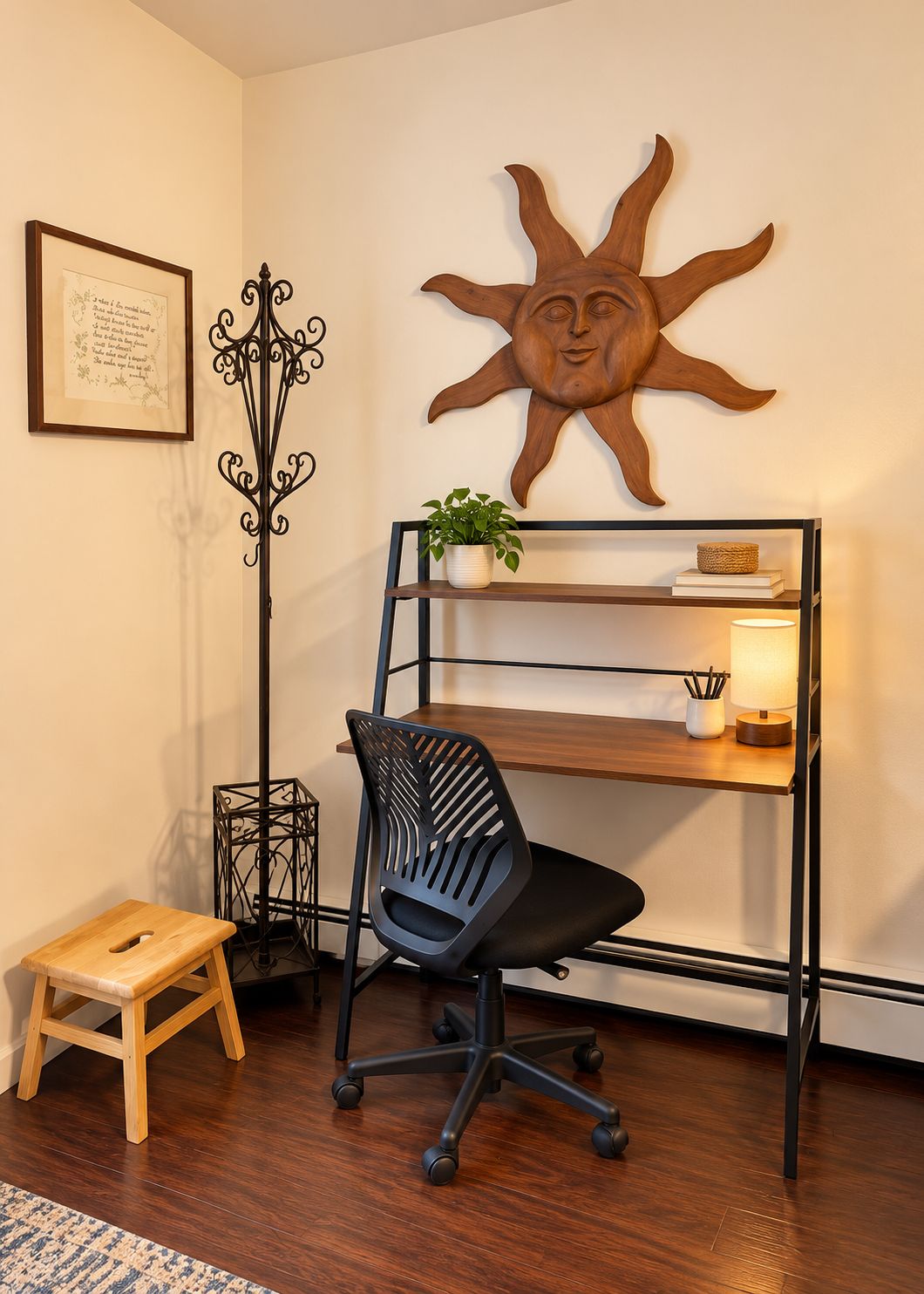 A workspace with a desk, chair, and a wall-mounted shelf with a plant and a lamp.
