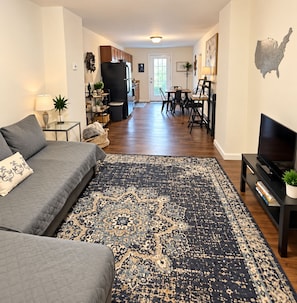 A living room with a sofa, a television, and a patterned rug. - Private One Bedroom Apartment with full kitchen, LR, full bath and private yard (Ridge)