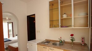 Una cocina compacta con refrigerador, pileta y un mueble con puertas de vidrio.