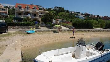 A boat docked at a beach with a house in the background.