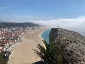 Un paysage urbain côtier avec une plage, un promontoire rocheux et un oiseau perché sur les rochers.