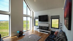 Una sala de estar moderna con ventanas amplias, un televisor de pantalla plana, chimenea y un sofá confortable.