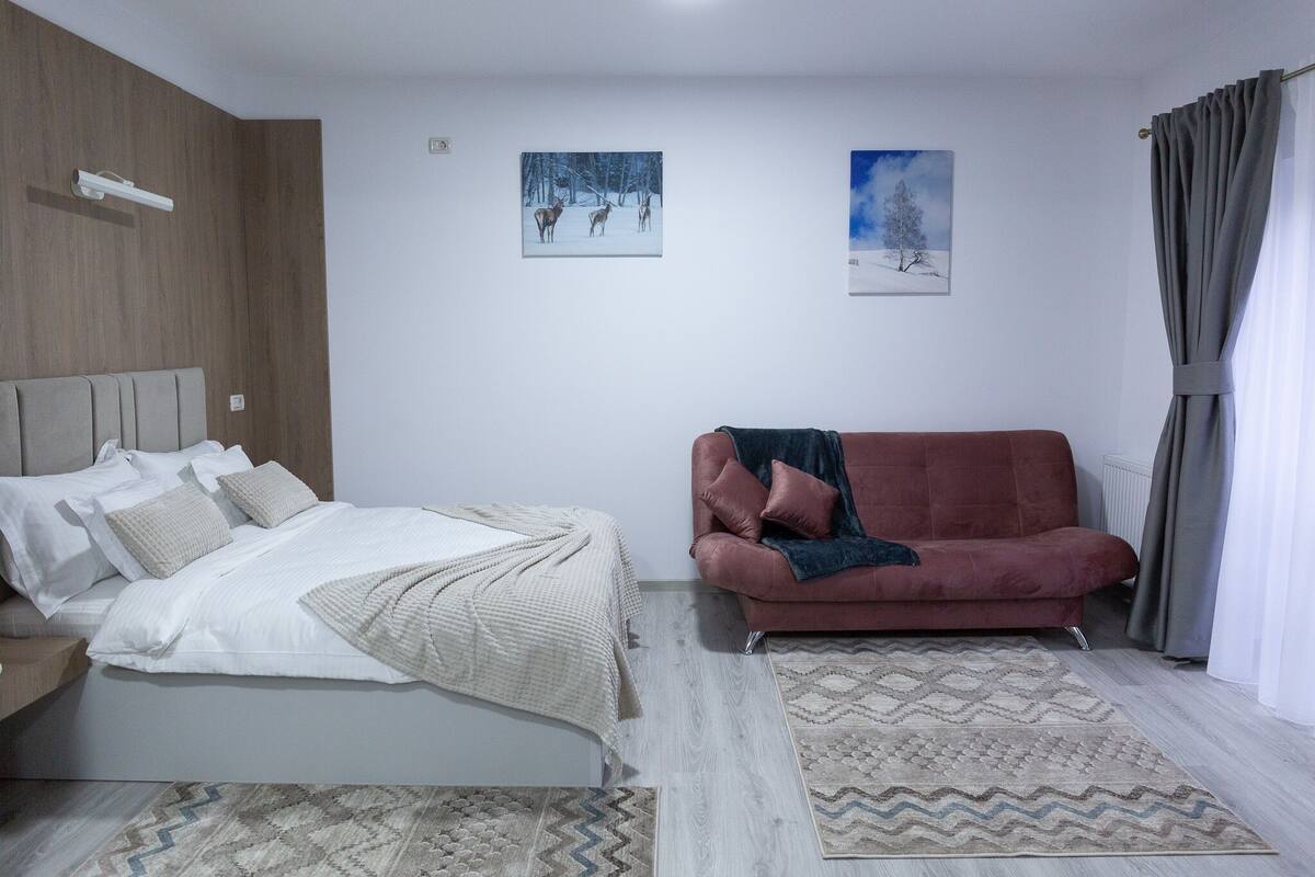 A bedroom with a bed, a red sofa, and two wall-mounted pictures.