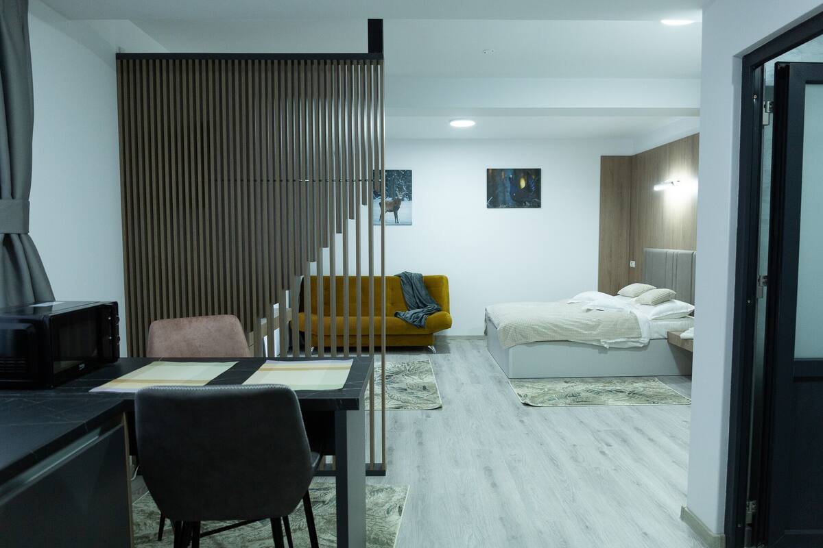A compact room with a desk, a sofa, a bed, and a partition.