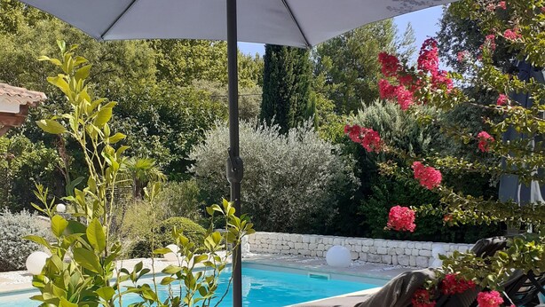 A poolside area with lounge chairs, a large umbrella, and potted plants. - Perle rare :Villa de Campagne 140 m2 avec Piscine son pool house & Grand jardin (Le Thor)