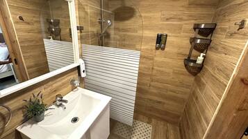 Shower, rainfall showerhead, hair dryer