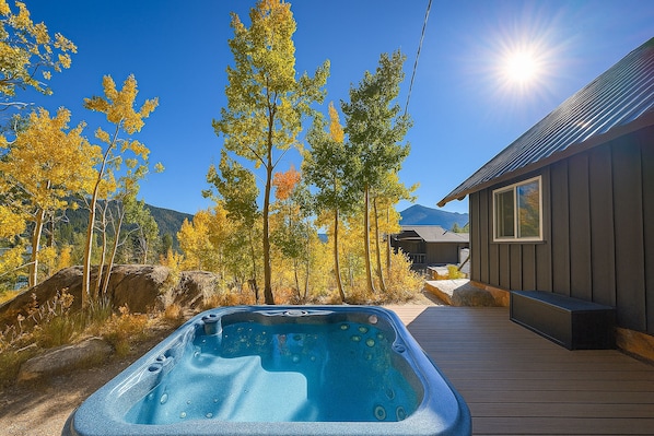 Outdoor spa tub - Amazing dog-friendly mountain view home with hot tub, wood stove, patio, & deck (Grand Lake)