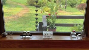 Una ventana con vistas a un jardín, una estantería de madera con saleros y pimenteros, y un pequeño objeto decorativo.