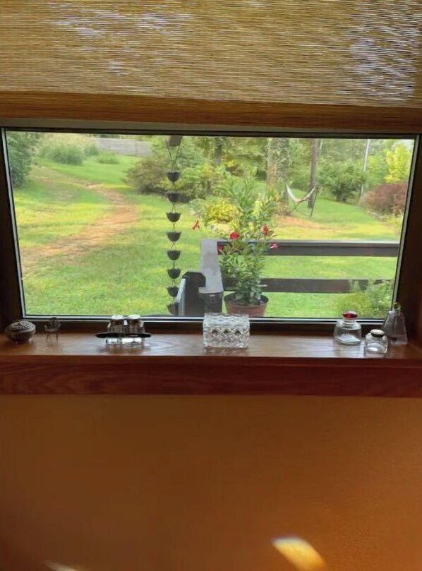 Ein Fenster mit Blick auf einen Garten, eine Holzablage mit Salz- und Pfefferdosen und ein kleines Dekorationsstück.
