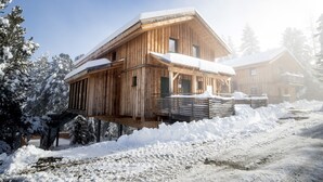En stuga av trä med ett snötäckt tak, omgiven av snötäckta träd.