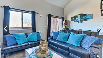 Smart TV, fireplace, books