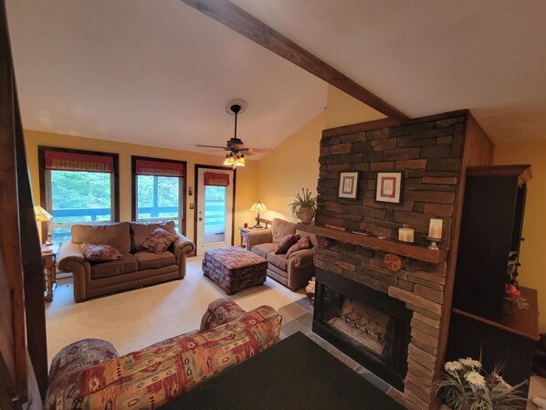 Smart TV, fireplace, books