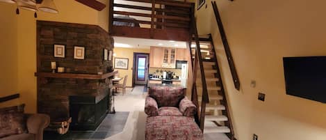 Smart TV, fireplace, books
