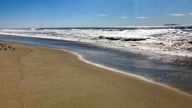 A beach with waves, a clear sky, and a distant island. - Seahorse Cottage Luxe (Oxnard)