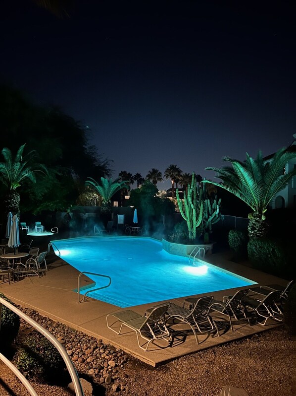 Relax by the pool surrounded by palm trees and cacti.