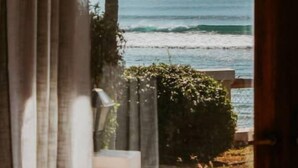 A view through an arched doorway to a beach with waves, a palm tree, and a hedge.
