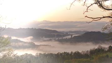 A bridge over a misty valley with dense forest on either side.
