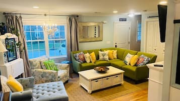 Smart TV, fireplace, books