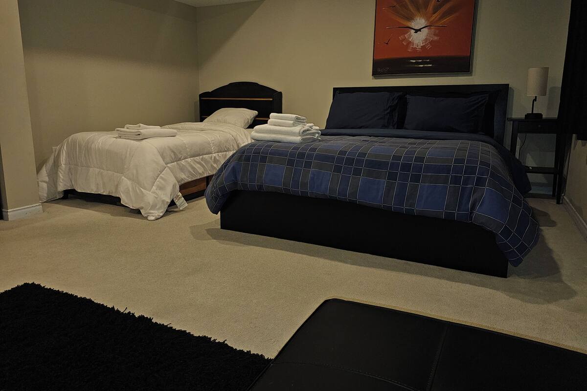 A bedroom with two beds, a large bed with a blue and black checkered bedspread, and a smaller bed with a white comforter. There is a black headboard between the beds, and a painting hangs on the wall above the larger bed.
