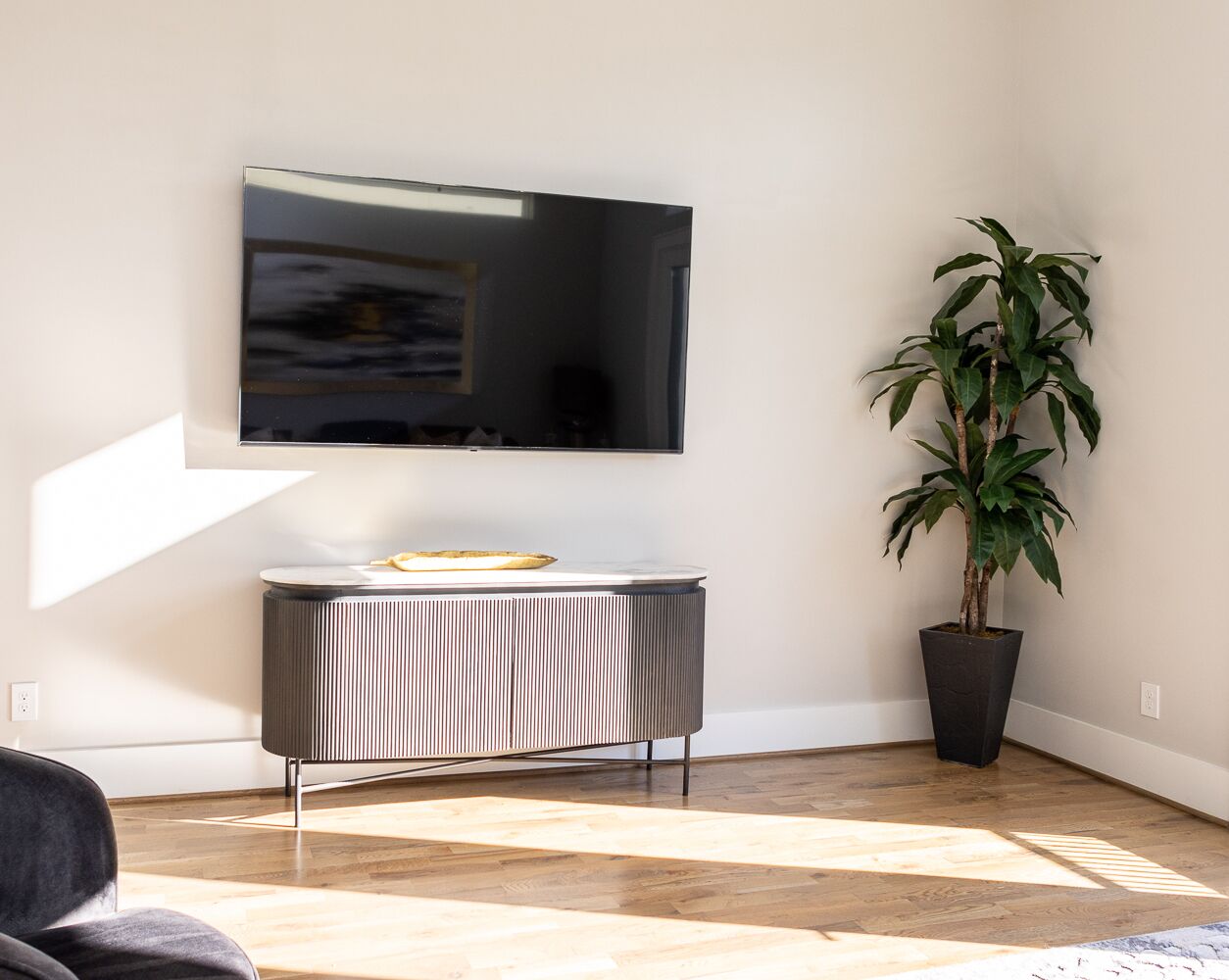 Una sala moderna con un televisor de pantalla plana montado en la pared, una consola oscura con un objeto decorativo y una planta alta en maceta.