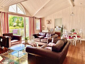 Smart TV, fireplace, DVD player, books