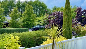 Un jardin luxuriant, avec une clôture blanche, diverses plantes et un grand conifère.