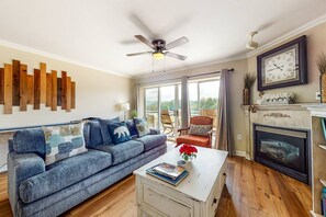 Smart TV, fireplace, video games, DVD player