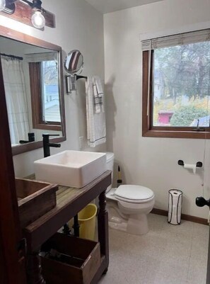 Hair dryer, towels, soap, shampoo
