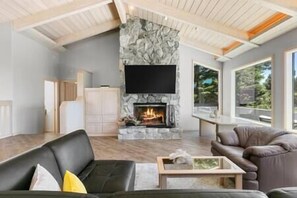 TV, fireplace, table football