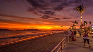 A beach with a sunset, palm trees, and people walking along the promenade. - LOFT A, steps away from the boardwalk, beach, baseball stadium, aquarium and golden zone. (Mazatlán)